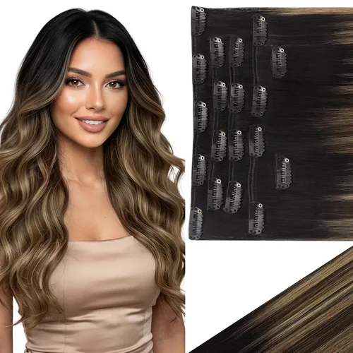 Vista 22 de Ve Sunny Extensiones de cabello clip-in de cabello humano real con reflejos, extensiones de cabello con clip para cabello corto, marrón oscuro
