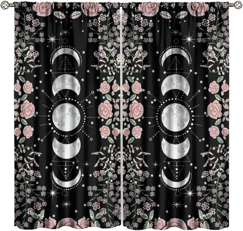 Vista 12 de Cortinas retro de luna, bosque mágico con hojas iluminadas por la luna, cortinas de plantas, diseño gótico floral de cielo estrellado para ventana