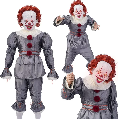 Vista 2 de Disfraz de payaso IT para adultos con máscara de látex y globos juego de lujo para Halloween