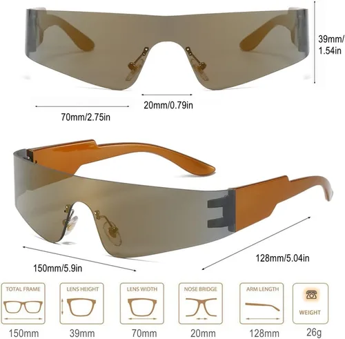 Vista 5 de Y2K - Lentes de sol futuristas envolventes para hombres y mujeres, visera, cibernético, cíclope monobloque (marco de té, lente dorado espejo)