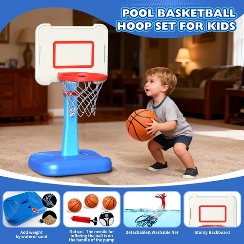 Vista 5 de Aro de baloncesto para niños pequeños de interior para edades 1, 2 y 3 años, aro de baloncesto ajustable para niños, mini aro de baloncesto con 3