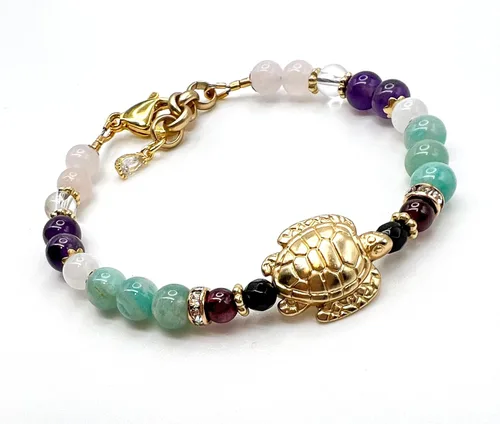 Vista 2 de Pulsera de fertilidad de tortuga fértil/piedras preciosas naturales cuarzo rosa, piedra lunar, amatista, cristal de roca, granate, ónix
