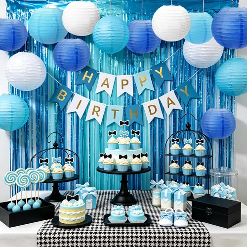 Vista 6 de 12 linternas de papel azules, faroles de papel de 10 pulgadas, decoraciones de fiesta azules para bodas, verano, cumpleaños, hogar, temática