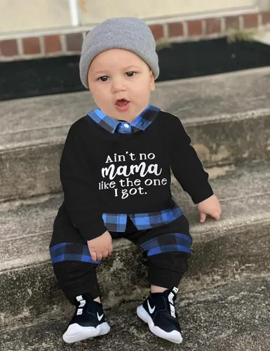 Vista 3 de Conjunto de 2 piezas de ropa para niños pequeños, camisa a cuadros con estampado de letras y pantalones largos, 2 piezas para otoño e invierno