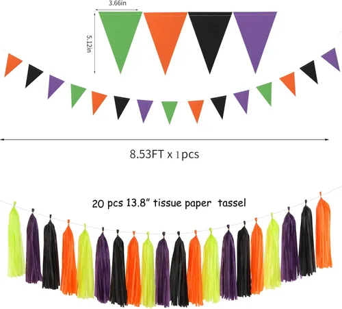Vista 3 de Decoraciones de Fiesta de Halloween Negro-Morado Naranja Verde - 30 piezas Pompones de Papel Tissue, Serpentinas, Guirnalda de Borlas, Pancarta