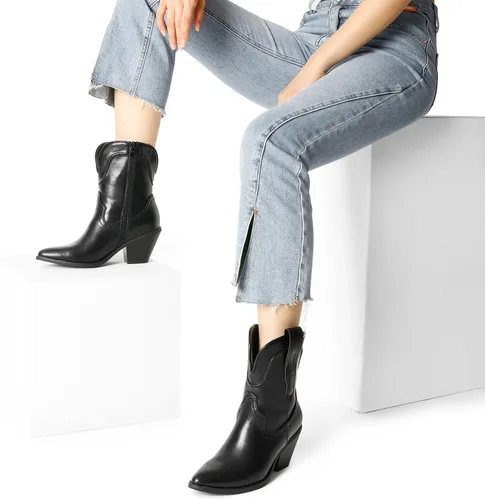 Vista 6 de DREAM PAIRS Botas de tobillo vaqueras para mujer, estilo occidental, botas de pantorrilla suave, tacón bajo y grueso, puntera puntiaguda, botines