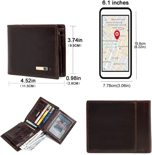Vista 6 de Billetera inteligente Bluetooth para hombres, tarjetero de cuero para hombre, billetera de cuero con bolsillo para identificación y ventana