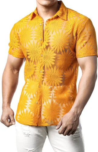 Vista 3 de JOGAL Camisa de encaje floral para hombre, camisas casuales con botones transparentes