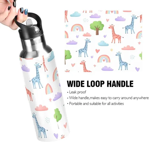 Vista 4 de BPA-Free Sports Water Bottle with Straw 32 Oz, Insulated Water Bottle for Gym Outdoor Travel School, Cute Giraffes