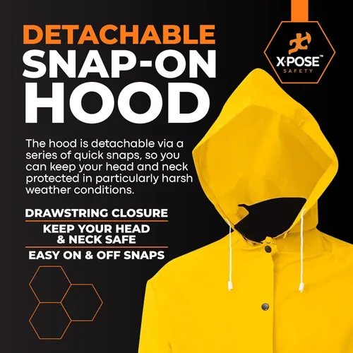 Vista 5 de Xpose Safety Chaqueta de Lluvia Pesada Amarilla de 0.35mm PVC, 122cm de Lluvia con Capucha Desmontable, Impermeable, para Pesca