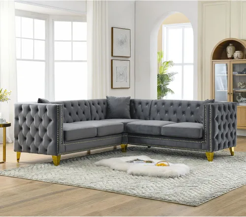 Vista 4 de mikibama - Sofá seccional modular de terciopelo, sofá moderno en forma de L con detalles de tachas, sofá de esquina de 5 plazas para sala de estar