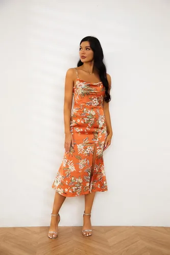Vista 3 de Tsher - Vestido de satén con cuello vuelto y tirantes delgados para mujer, vestido de fiesta de invitados de boda, espalda descubierta, vestido