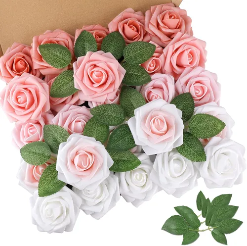 Vista 17 de AmyHomie 25 flores artificiales de aspecto real con tallo de rosa beige