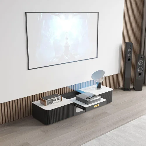 Vista 2 de POVISON Moderno soporte de TV para proyector, centro de entretenimiento de piedra sinterizada con almacenamiento para sala de estar, dormitorio