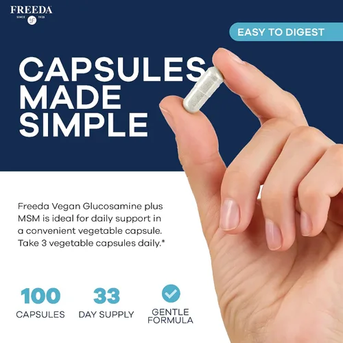 Vista 3 de Freeda Vegan Glucosamine MSM – Glucosamina Vegetariana HCl 1500 mg sin mariscos + MSM 750 mg para apoyo articular, flexibilidad y movilidad