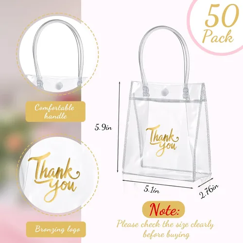 Vista 3 de Leinuosen - 50 bolsas de regalo transparentes con asas de 5.9 x 5.1 x 2.76 pulgadas, bolsas de agradecimiento de PVC transparente, suministros