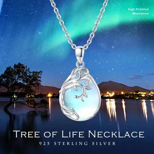 Vista 6 de TeardropSwan Moonstone Necklace 925 Sterling Silver Tree of Necklace Moonstone Pendant Necklace Moonstone Jewelry Gifts for Women Teen Girl