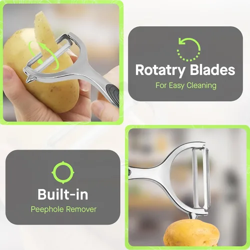 Vista 4 de Juego de pelado de frutas y verduras de acero inoxidable, cómodo mango antideslizante, pelador en forma de Y y I para papas, zanahorias, manzanas