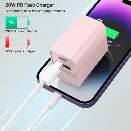 Vista 2 de Cable de carga rápida de 3 metros para iPhone 17/16e, paquete de 2 adaptadores Apple QC de 20 W con 2 puertos USB A+C y cable de carga rápida USB C