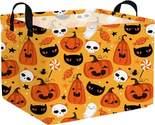 Vista 15 de Cesta rectangular de Halloween para gatos, cestas vacías de Halloween, cesta de truco o trato para niños y niñas, cestas de estantería, papelera