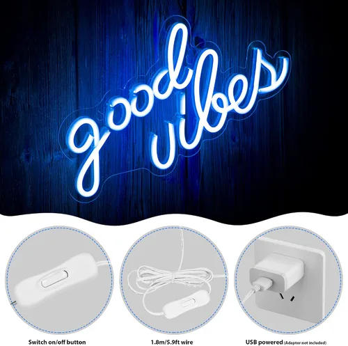 Vista 5 de Olekki Letrero de neón Blue Good Vibes – Letreros LED de neón para decoración de pared, luces de neón para dormitorio, letreros de pared de neón Azul