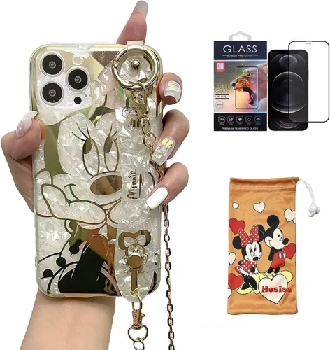 Vista 10 de Funda de dibujos animados para iPhone 7/8/SE de 4.7" con protector de pantalla HD, Mickey Mouse con correa de muñeca, soporte, cadena de metal