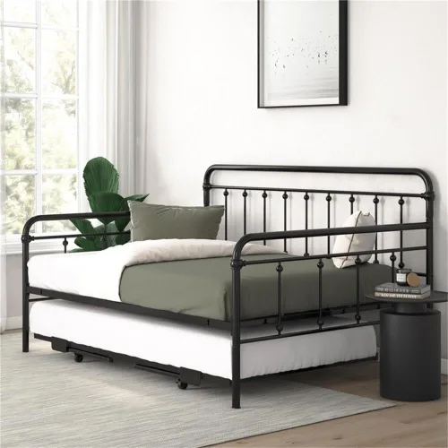 Vista 4 de BOWERY HILL Twin Daybed with Pop-Up Full Trundle, Black Powder-Coated Steel Frame, Slatted Mattress Support, Low-Profile Space-Saving Design, Guest