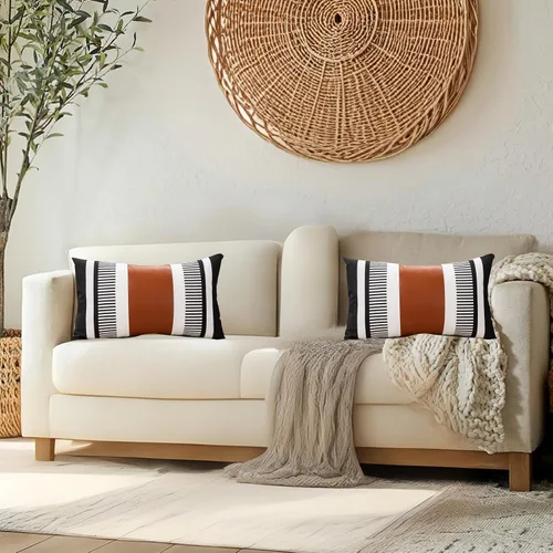 Vista 3 de Fundas de Almohadas Decorativas Estilo Granja - Fundas de Almohadas Decorativas de Cuero para Sofá de Sala de Estar con Rayas Tribales Funda