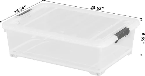 Vista 2 de Caja de almacenamiento de plástico transparente de 25 cuartos de galón con ruedas, caja de almacenamiento debajo de la cama, paquete de 3