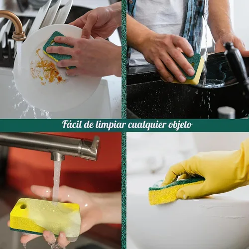 Vista 3 de Paquete de 12 esponjas de cocina resistentes de doble cara, amarillo/verde Limpieza de platos antiarañazos, sin olor, multiusos para ollas