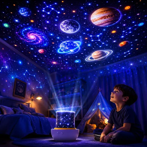 Vista 6 de Proyector de luz nocturna para niños, proyector de luz de estrellas con cable USB, rotación de 360 grados, lámpara de proyector de estrellas