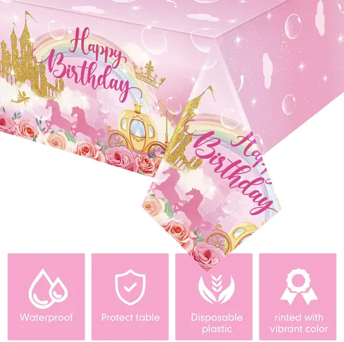 Vista 3 de Oudain Paquete de 3 manteles de plástico desechables para fiesta de princesa, manteles de plástico desechables con diseño de princesa, manteles