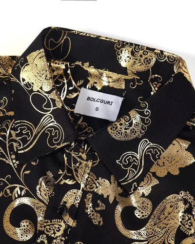 Vista 3 de Bolcguri Camisa de vestir brillante para hombre, camisa de vestir de lujo con estampado barroco, camisas de manga larga con botones S-3XL