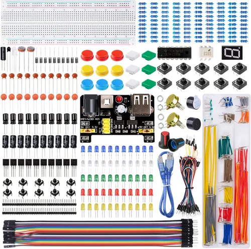 Vista 9 de Kit básico de inicio Smraza con tablero de pruebas, fuente de alimentación, cables de puente, resistencias, LED, compatible con Arduino R3