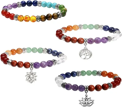 Vista 8 de Eigso Pulsera elástica de piedra de cristal de meditación curativa de 7 chakras para mujer con símbolo de loto, yoga, árbol, OM