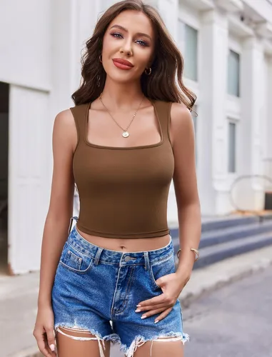 Vista 7 de Avidlove Camiseta corta sin mangas acanalada para mujer, cuello cuadrado, a la moda, recortada