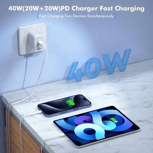 Vista 2 de Cargador de carga rápida para iPhone 17, cargador de pared USB C de doble puerto de 40 W, bloque de carga rápida con cable de carga USB C a C de 6