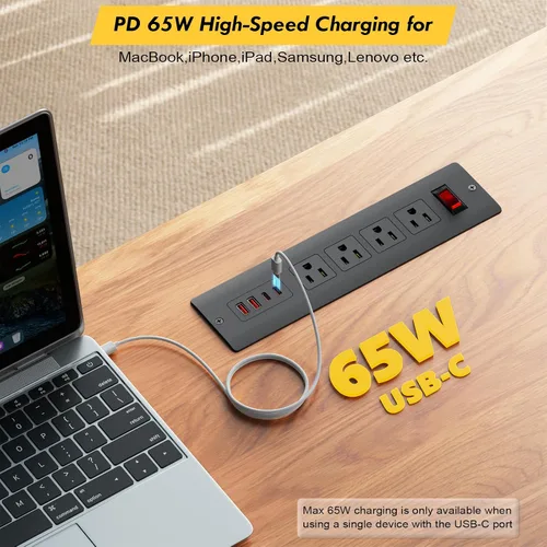 Vista 2 de Kungfuking Regleta de alimentación empotrable USB C de 65 W, con certificación UL, salida de montaje empotrado para muebles con USB, interruptor