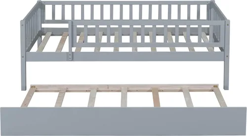 Vista 7 de Base de cama de tamaño individual con barandillas nido y vallas, camas infantiles de madera estilo Montessori con soporte de tablillas, sofá cama