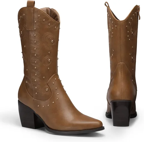 Vista 3 de DREAM PAIRS Women's Western Cowboy boots Mid Calf Cowgirl boot Pull-on