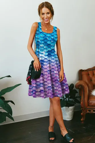 Vista 54 de uideazone - Vestido de mujer sin mangas cuello redondo de verano, para playa, casual, Midi línea A.