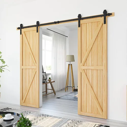 Vista 3 de ROOMTEC Kit de herrajes para puerta corrediza de granero de 8 pies, kit de riel para puerta doble, resistente, polea J básica, se desliza suavemente