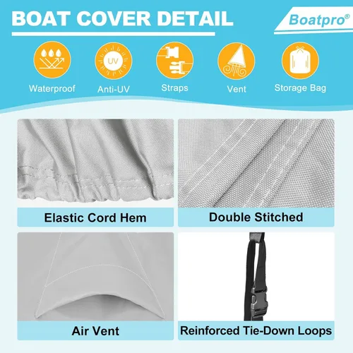 Vista 6 de Funda para lancha remolcable de 14 a 16 pies con cubierta de motor fuera de borda, lona marina 900D, impermeable y a prueba de rayos UV, resistente