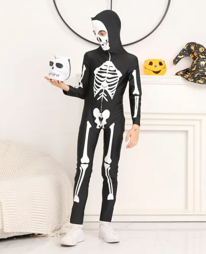 Vista 3 de Lovekider Disfraz de esqueleto para niños que brillan en la oscuridad para Halloween, overol aterrador para niños y niñas, overol de cosplay