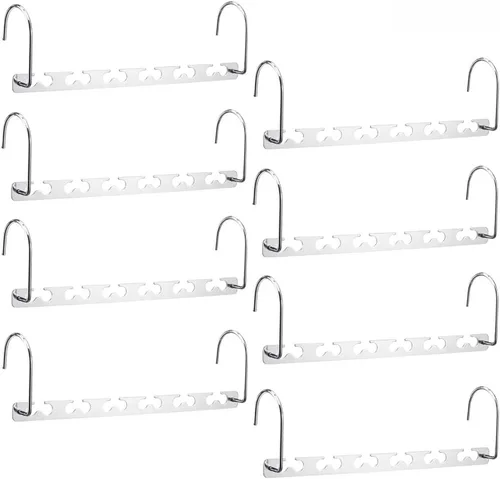 Vista 10 de Meetu - Perchas de ahorro de espacio multi funcionales para ropa de acero inoxidable, 6 x 2 ranuras para colgar en cascada, gancho actualizado