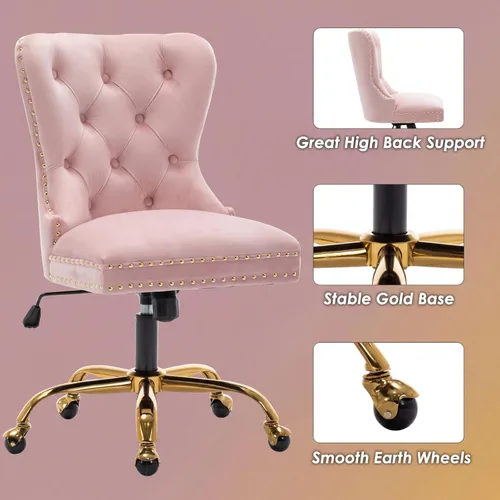 Vista 13 de Moderna silla giratoria de terciopelo, silla de escritorio de maquillaje copetuda con ruedas y base dorada, cómoda silla de escritorio tapizada