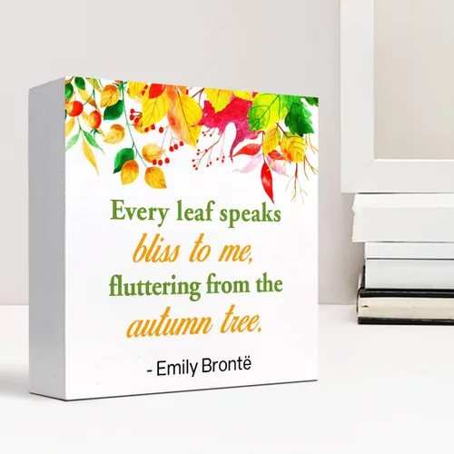 Vista 6 de Decoración de mesa de otoño, con texto en inglés «Every Leaf Speaks Bliss to Me Fall», letrero rústico de madera de otoño, decoración de escritorio