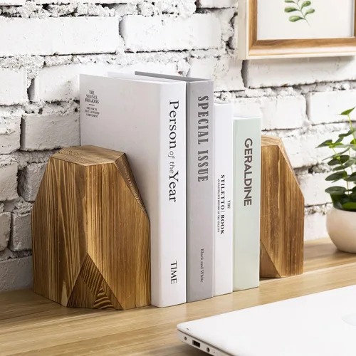 Vista 3 de MyGift Sujetalibros decorativos de madera de latón, diseño triangular, escritorio de oficina, extremos de libros de madera, soporte para libros