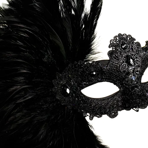 Vista 4 de Lujo Venecia Mujeres Carnaval Mascarada Máscara Veneciana con Pluma Lateral - Negro