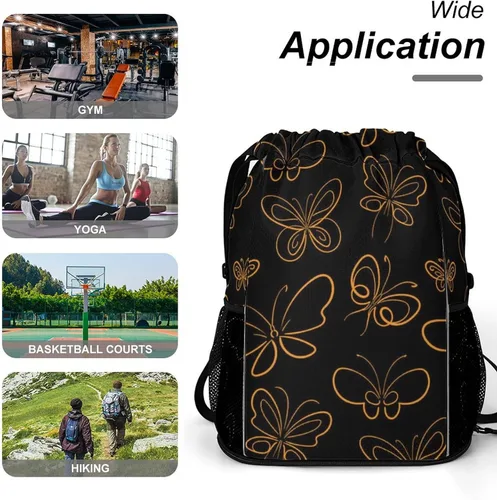 Vista 6 de MZERSE Women Fashion Drawstring Backpack Gym Bags with Zipper Pockets, Multifunction Drawstring Bag Compatible with Butterfly Set Pattern Gold On